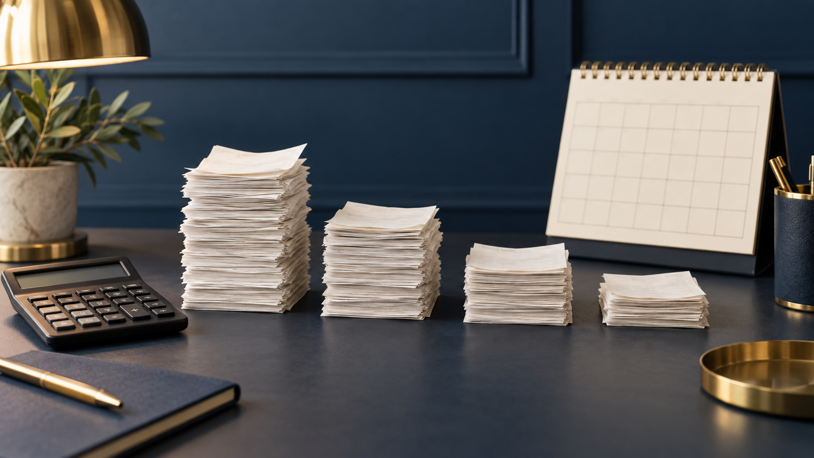 A calculator beside dated receipt groups and a blank calendar