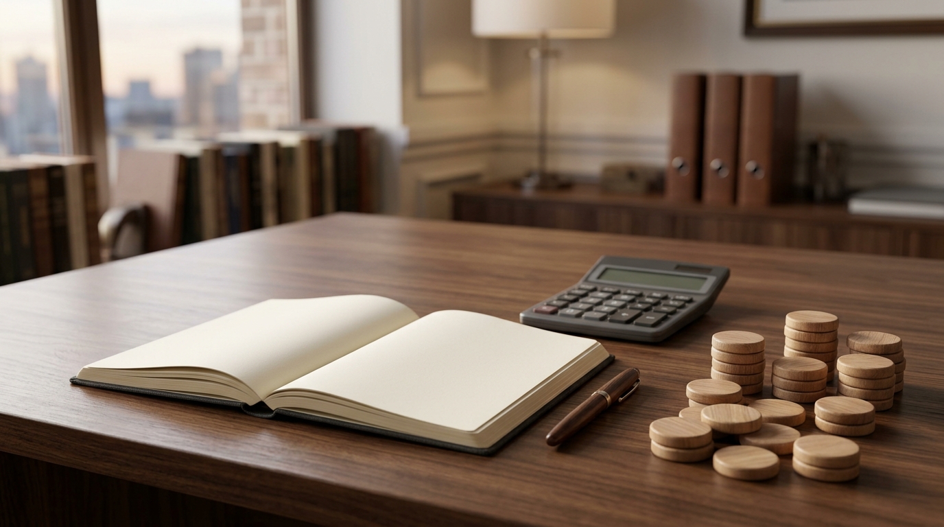 Organized expense receipts and a blank ledger on a professional desk