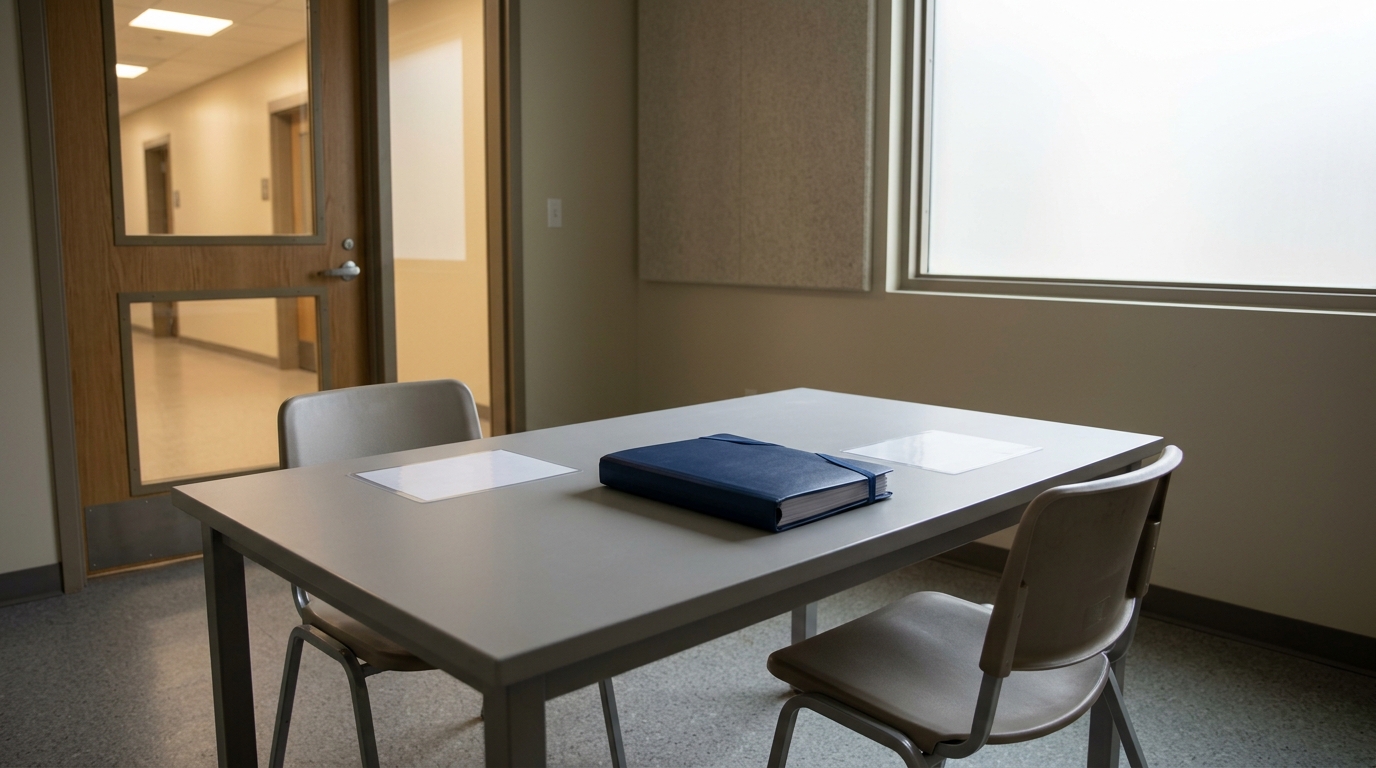 Empty immigration legal visit room with a location card and sealed case folder
