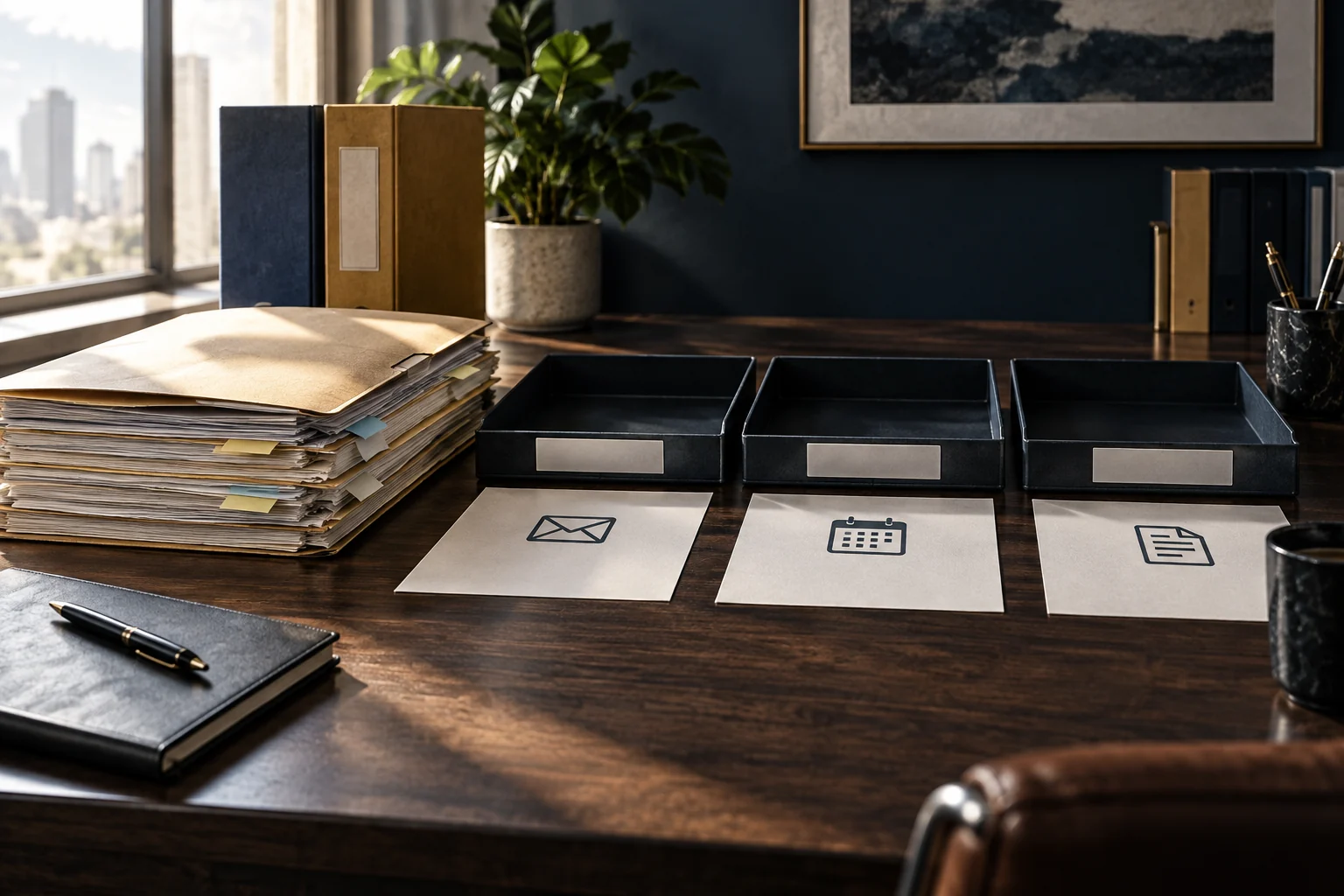 Empty hearing table with separated discovery folders