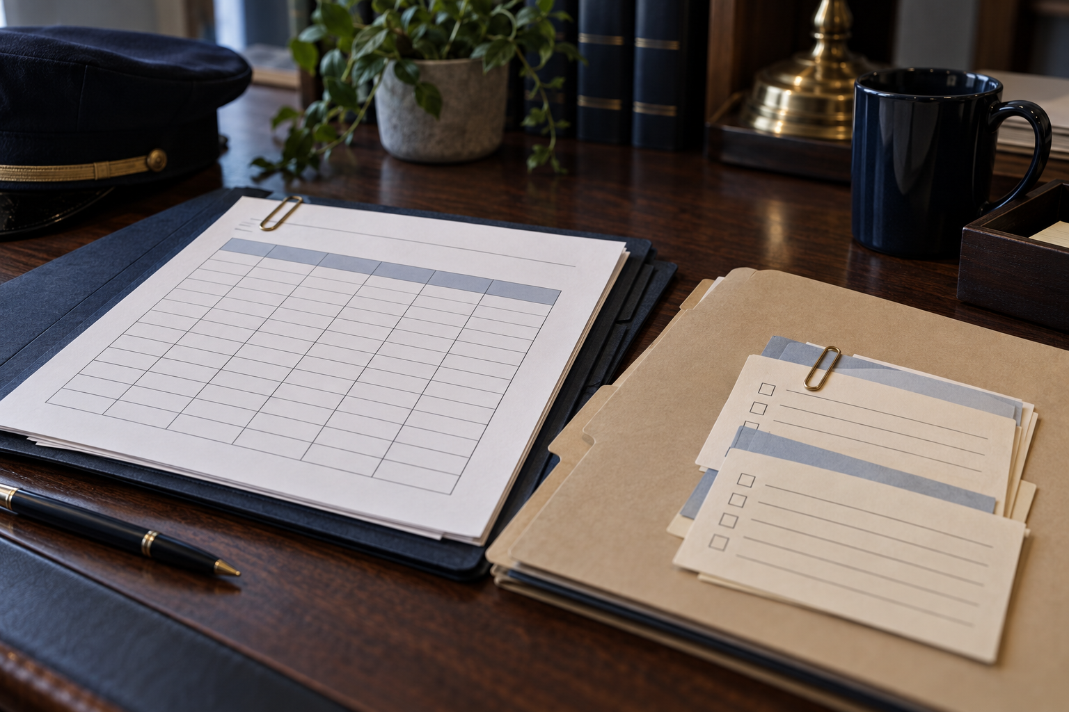 Illustrative payroll grids and volunteer service cards on a municipal desk