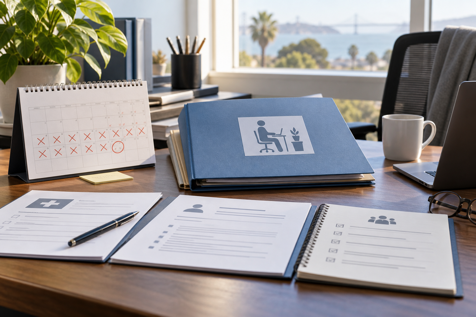 A medical leave calendar, job description, accommodation plan, return-to-work note, and organized personnel file.