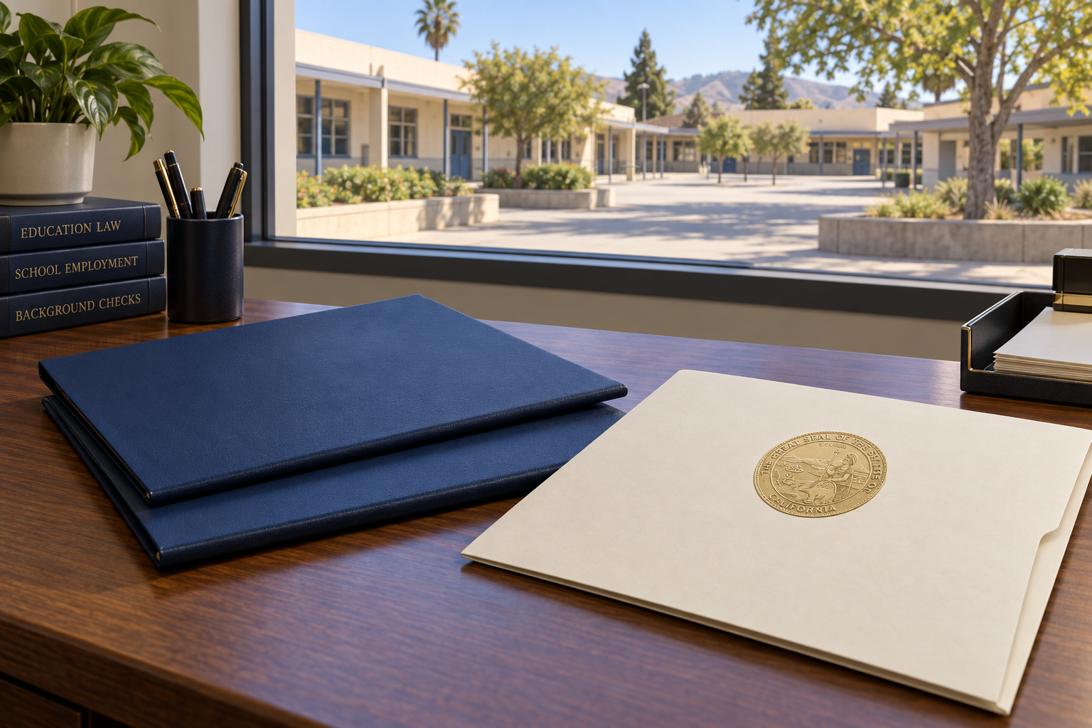 Two closed applicant folders and a plain sealed document beside an empty school courtyard window.