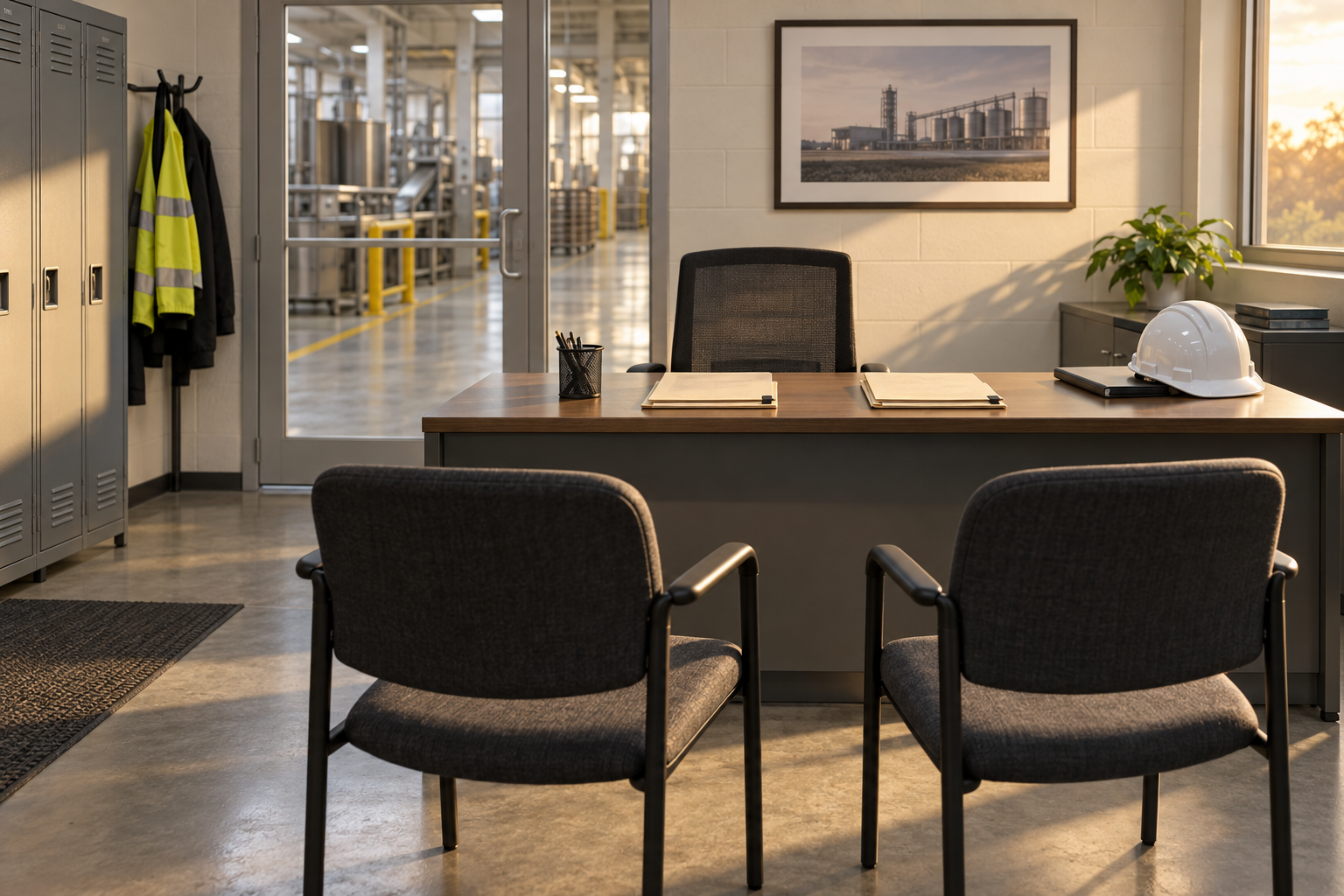 Two applicant chairs and personnel folders in an industrial facility office