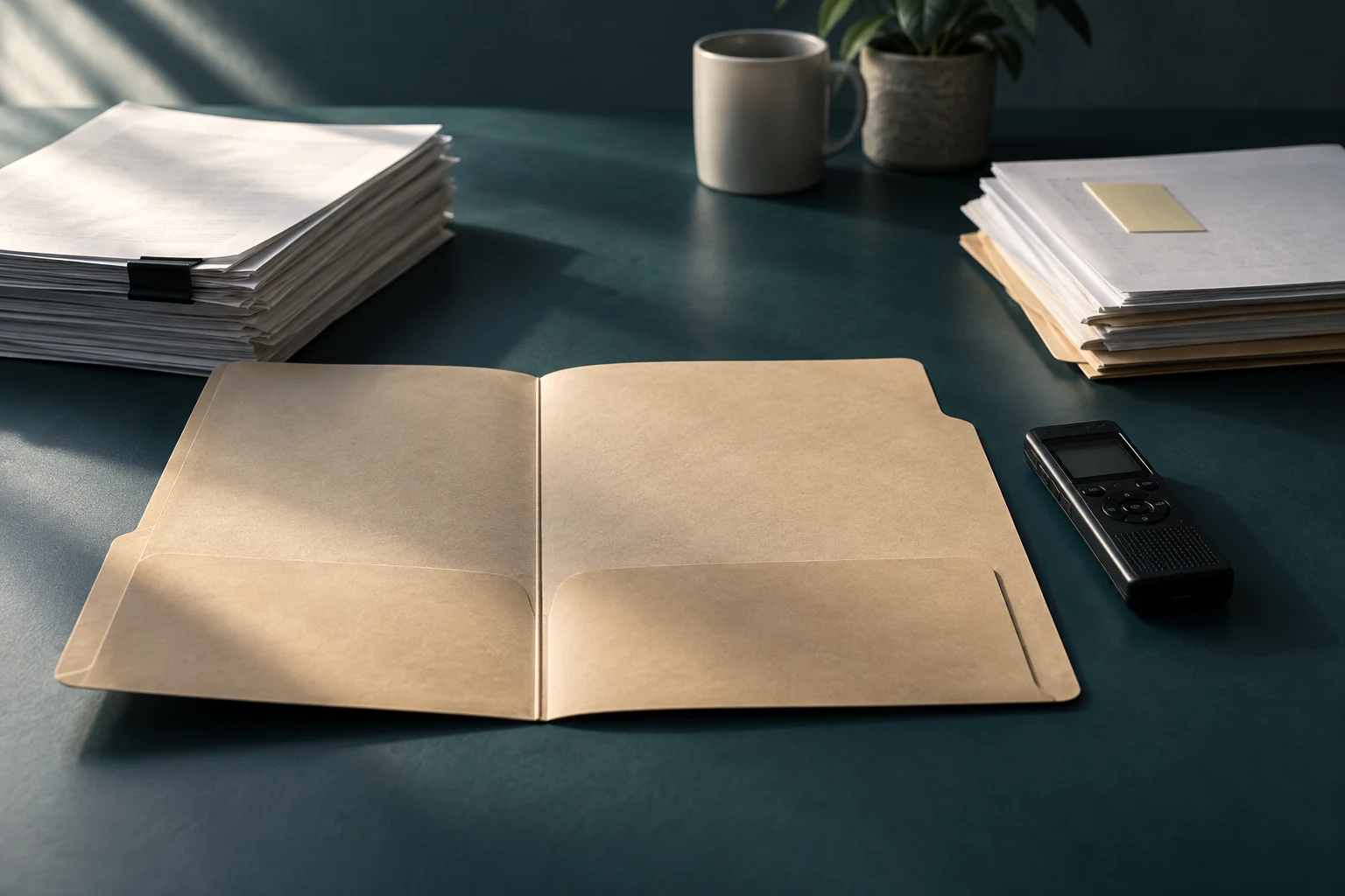 An audio recorder and separate sets of hearing papers beside an open case folder.