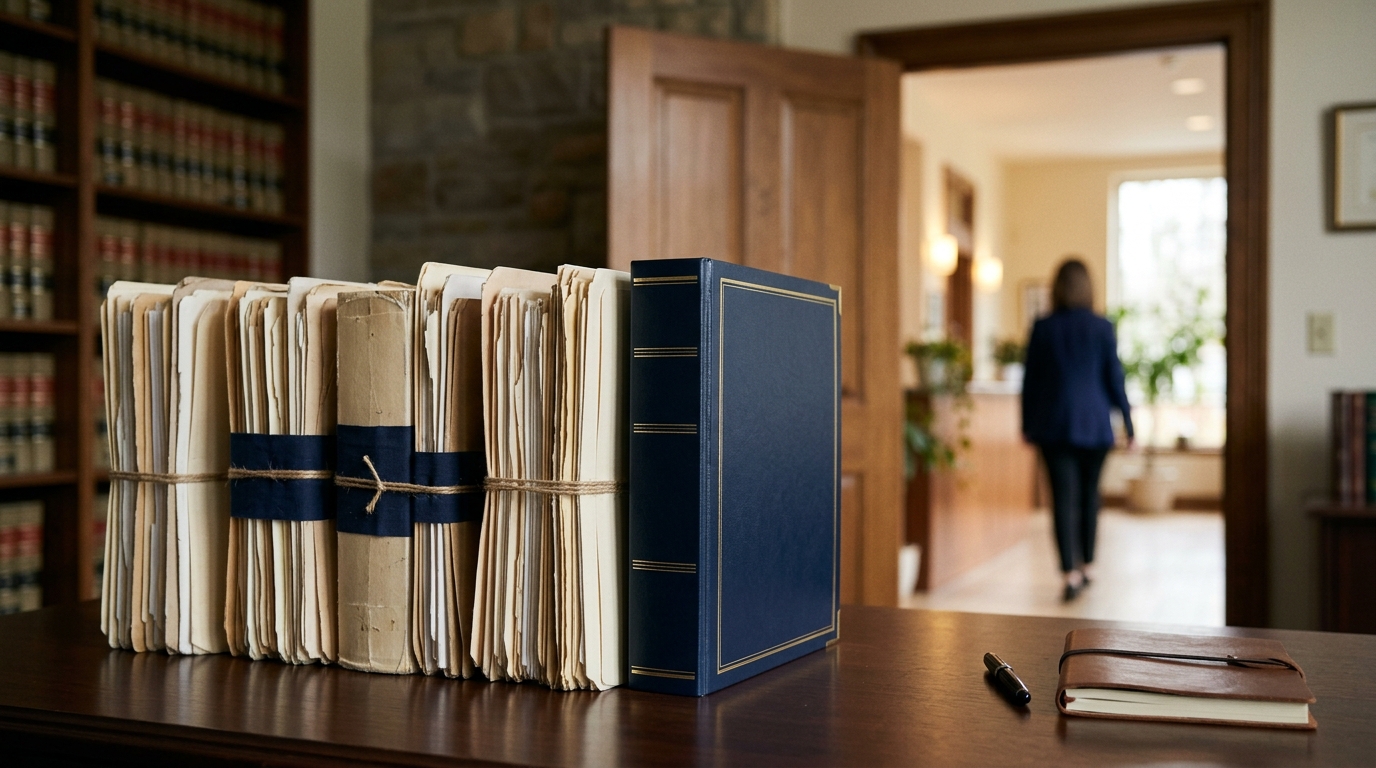 Archived immigration files beside an open office doorway