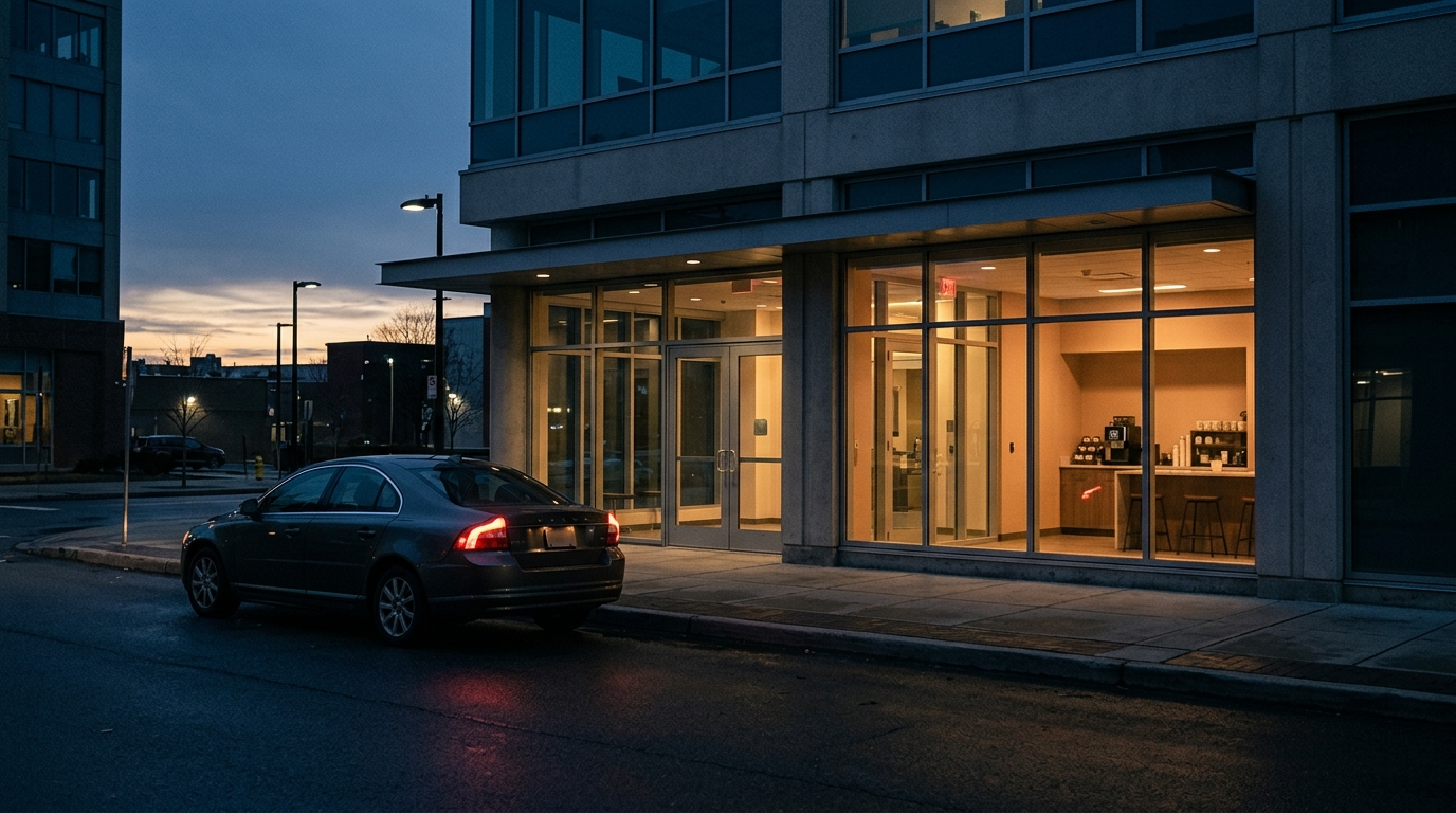 Early-morning workplace entrance viewed from a public street