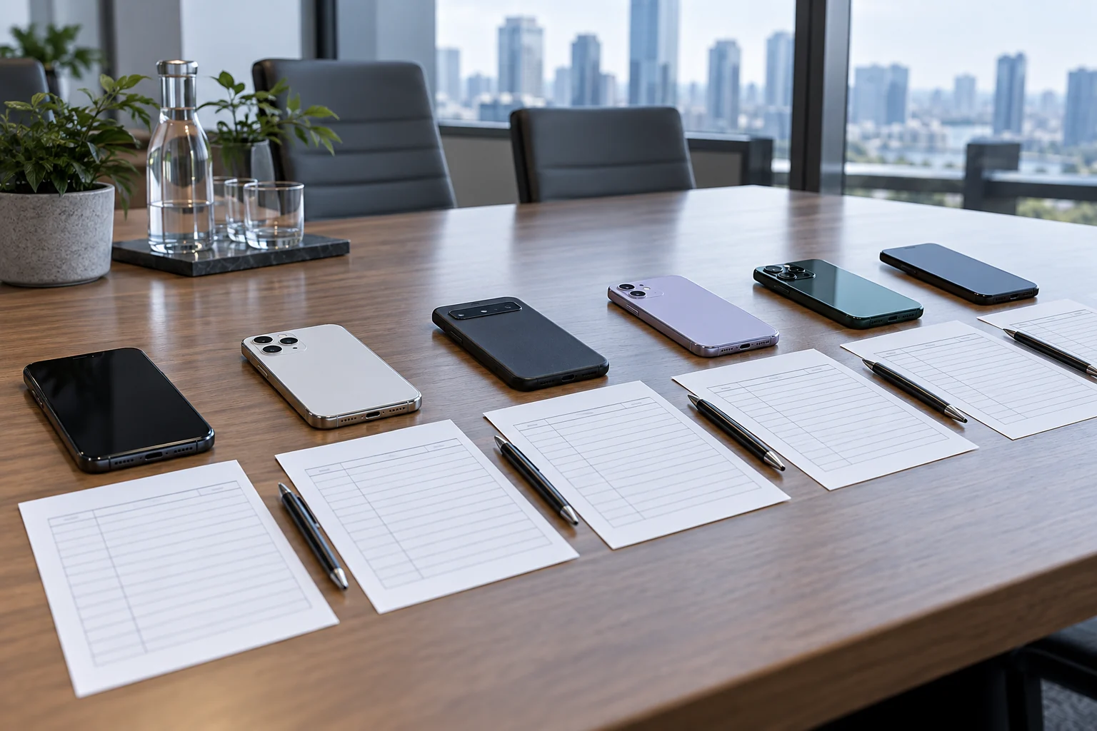 Different personal phones and separate call-record sheets arranged on a meeting table.