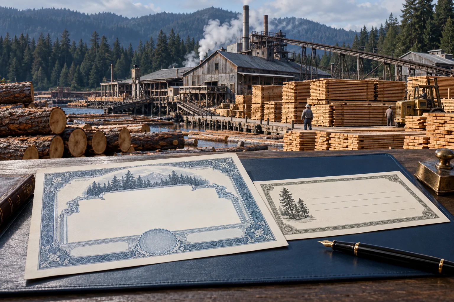 Illustrative historic lumber mill with blank stock and note documents in the foreground.