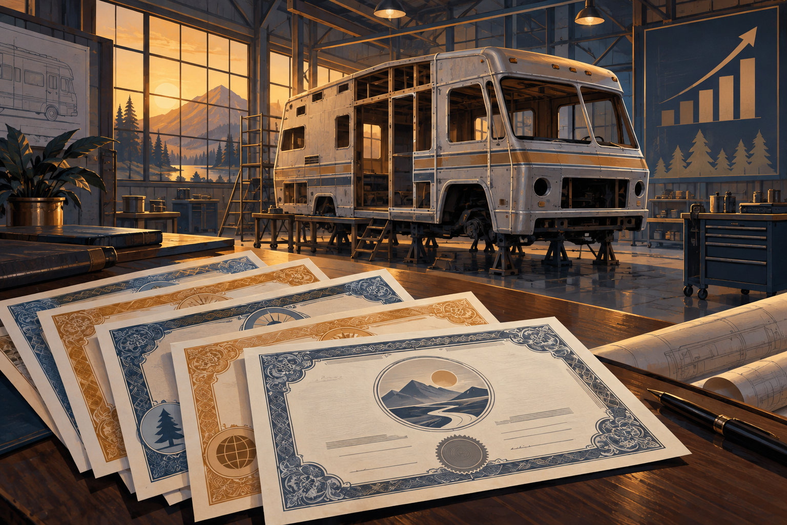 Stock certificates in an unfinished motor-home workshop, illustrating a corporate financing effort.