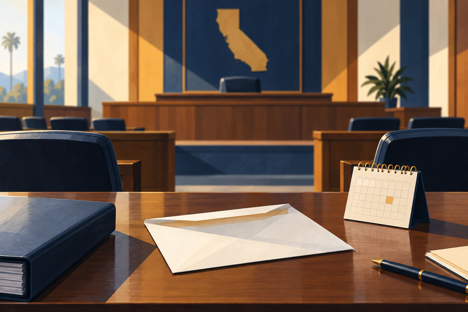 Unsealed notice and calendar in an empty California hearing room.