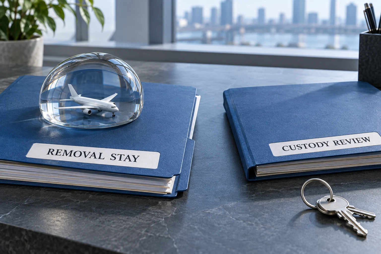 Separate folders labeled Removal Stay and Custody Review, with a plane model and keys.