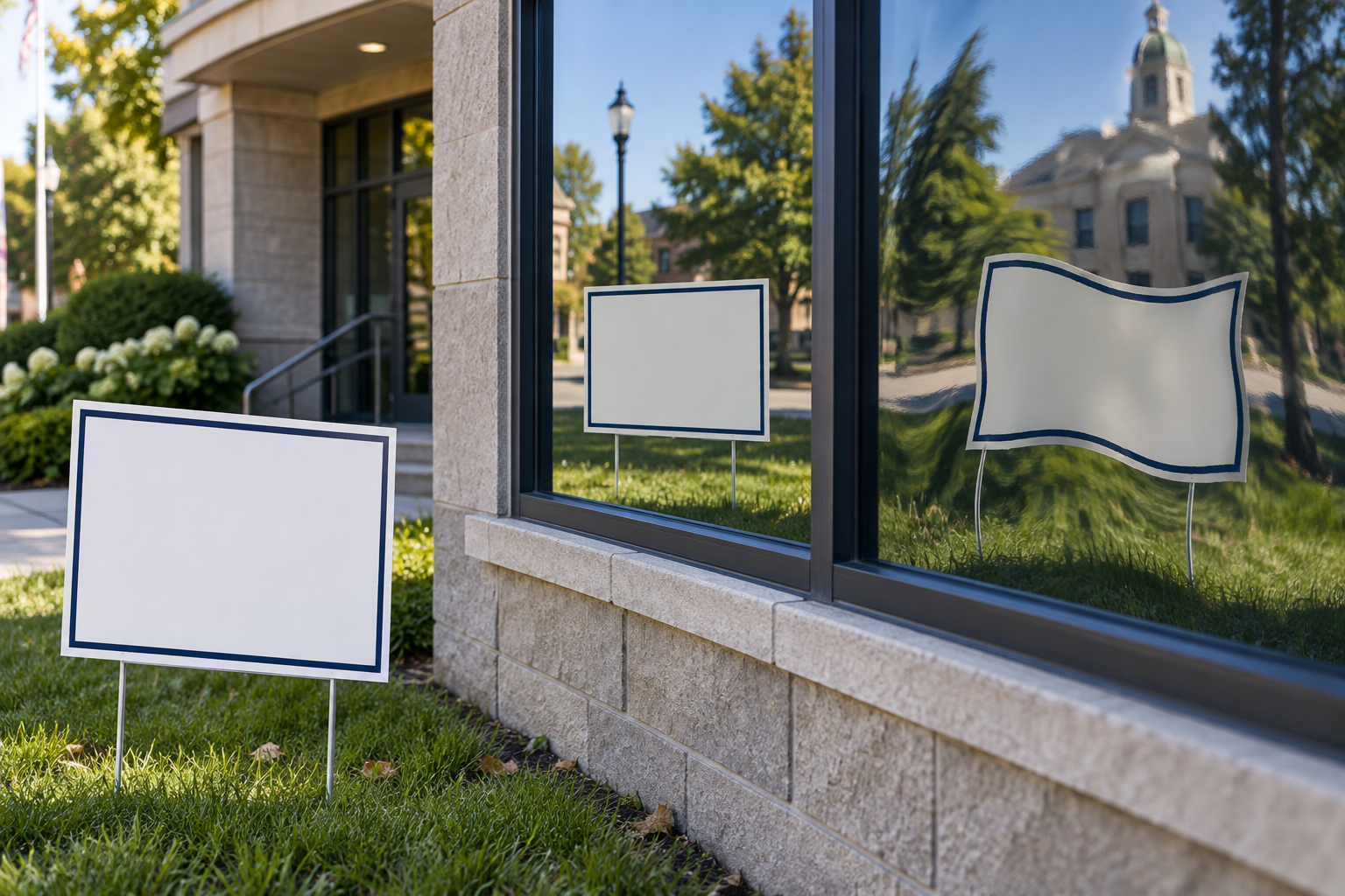 A blank campaign sign seen through two glass panes beside a municipal office