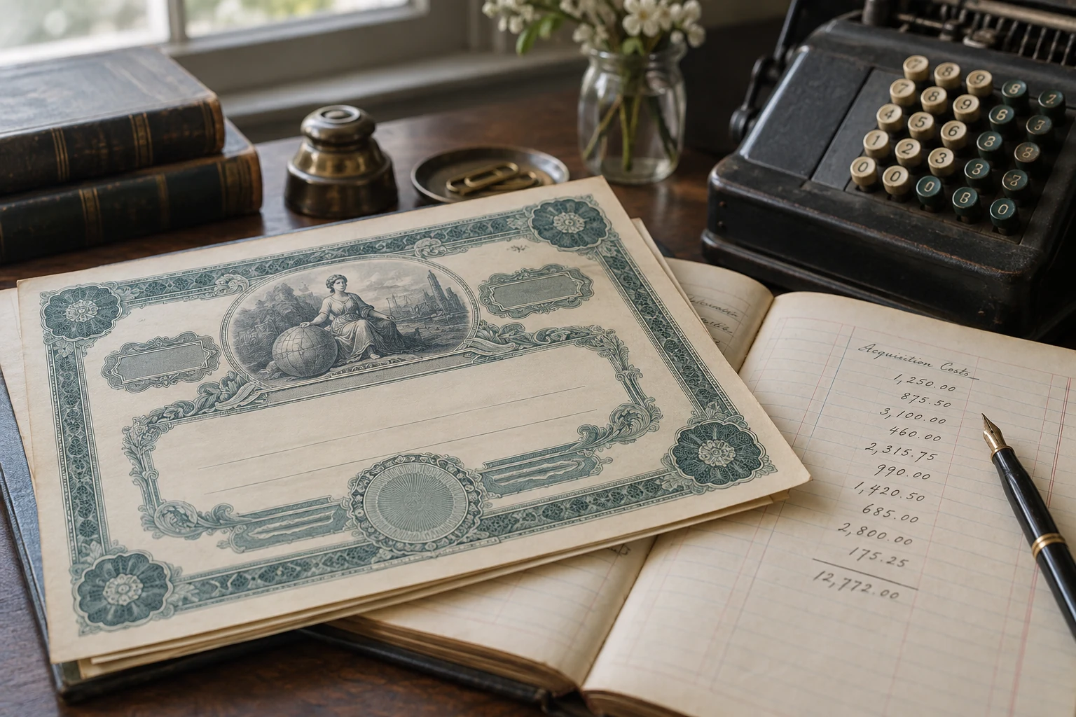 Vintage stock certificates and a broker’s acquisition-cost ledger in an archival reading setting.