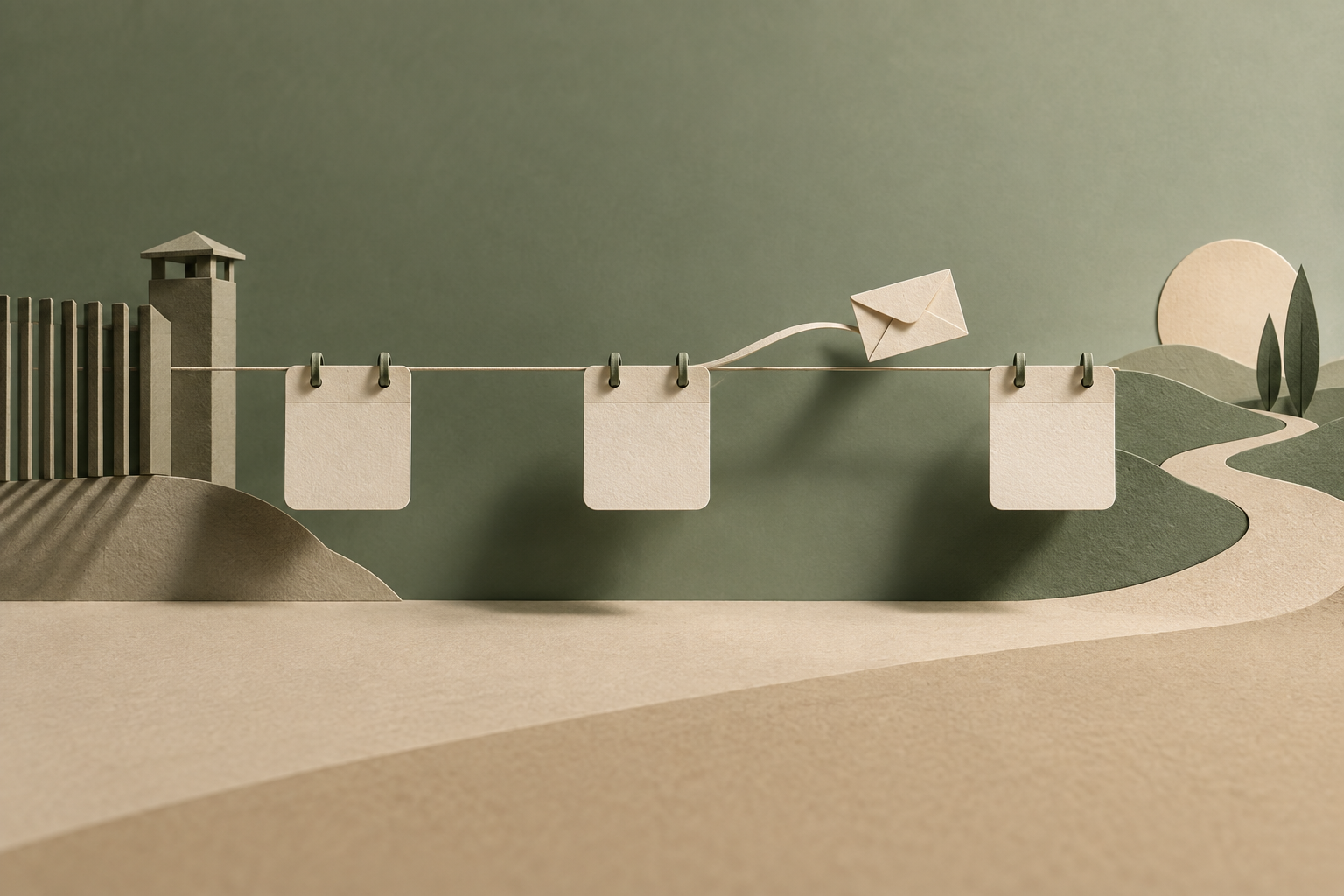 Three blank calendar leaves and a later-arriving envelope in a paper timeline