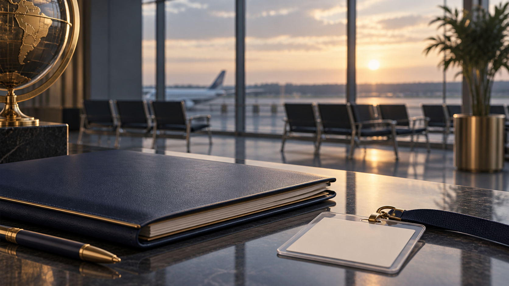 An empty airport lounge with a closed legal file in the foreground