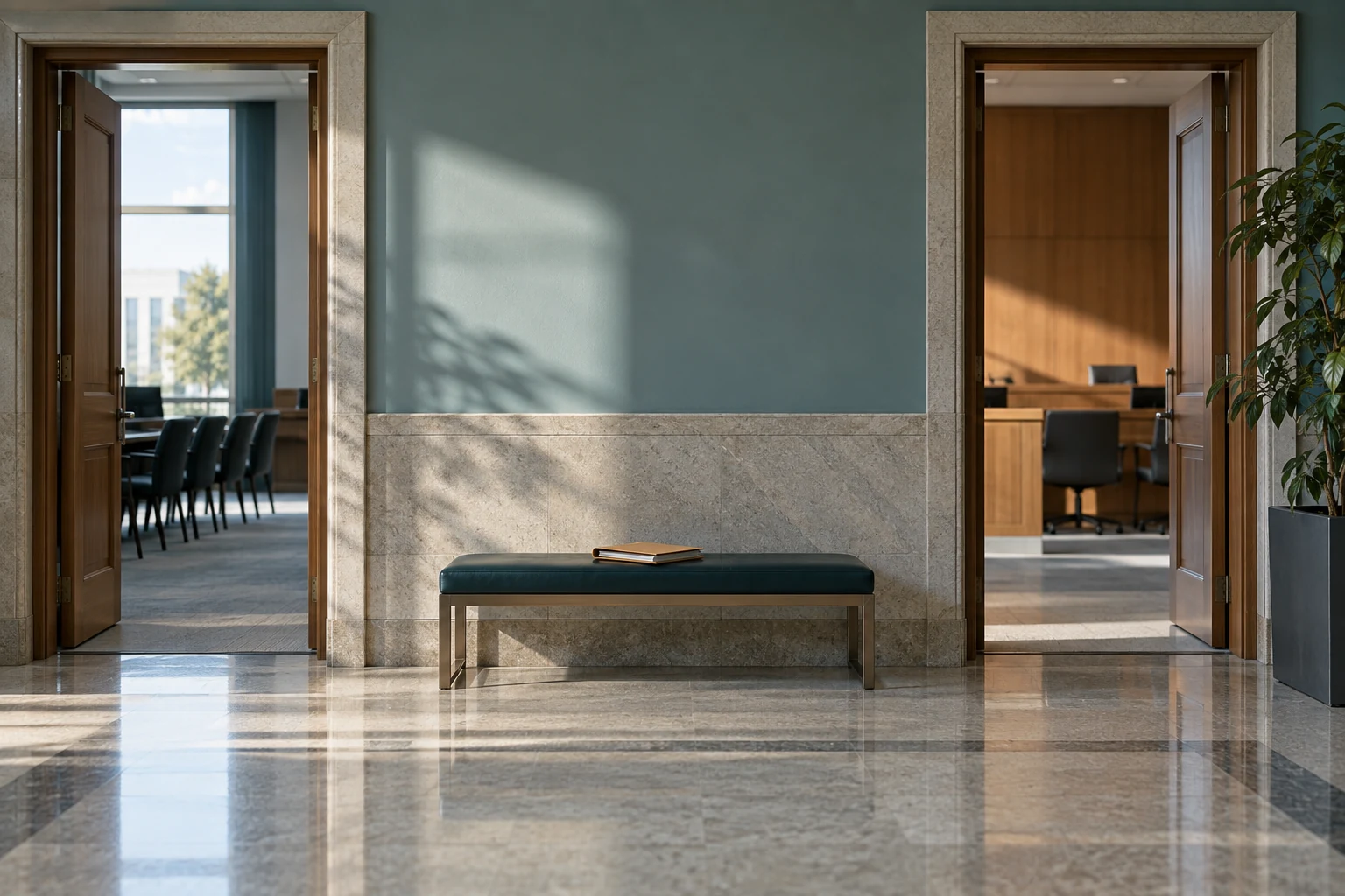 Two administrative hearing-office doorways and a case folder suggest distinct enforcement forums.