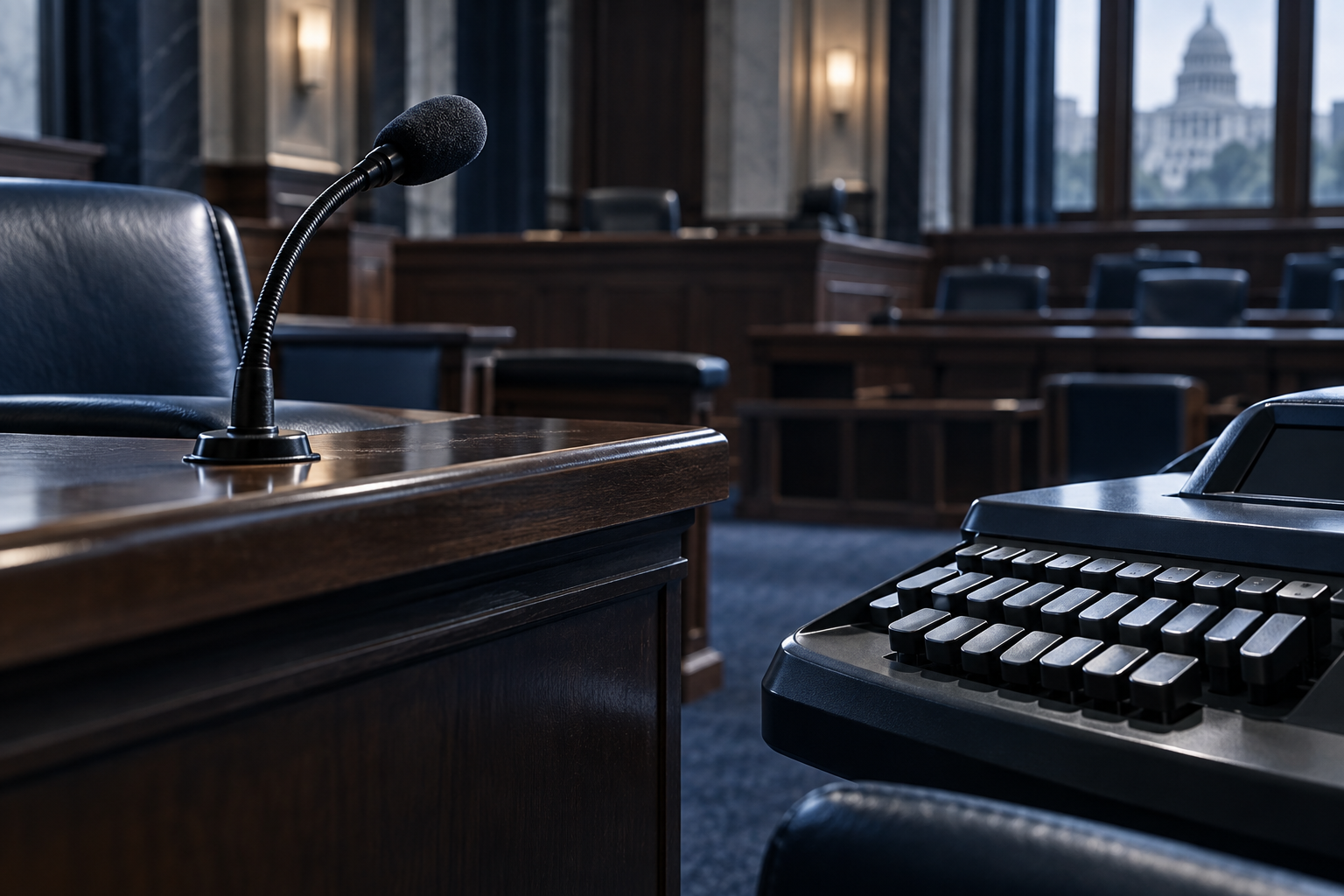 Courtroom microphone beside a stenotype keyboard in side light.