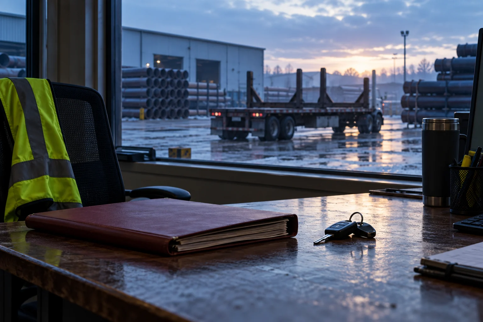 Truck keys and a closed dispatch folder overlooking an empty truck at a pipe yard.