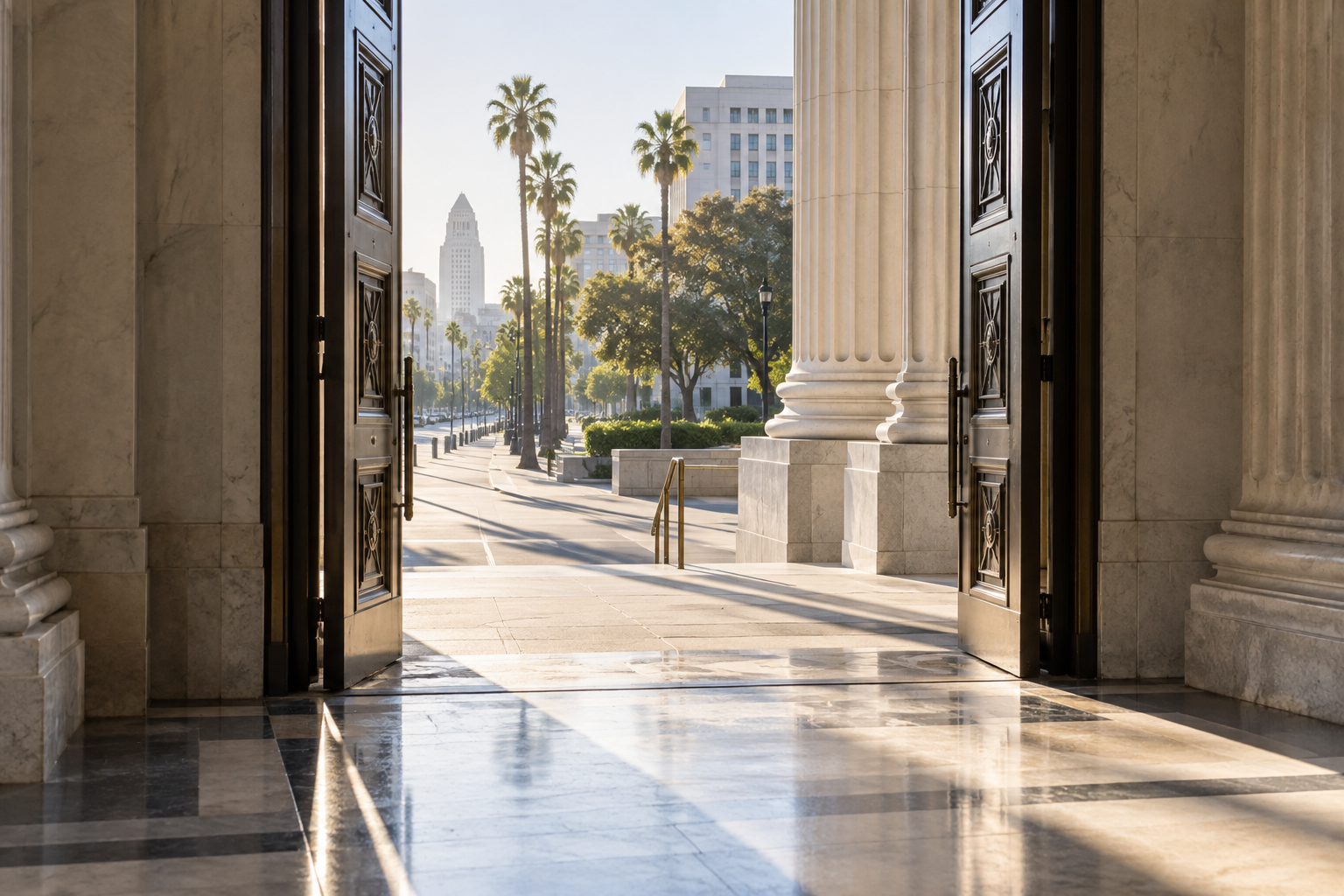 Open courthouse doors leading to a sunlit sidewalk