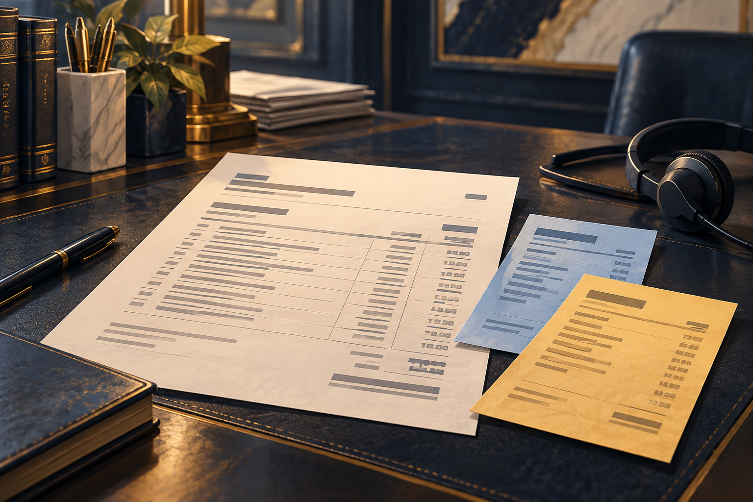 Itemized settlement invoice and separate payment slips beside an interpreter headset.