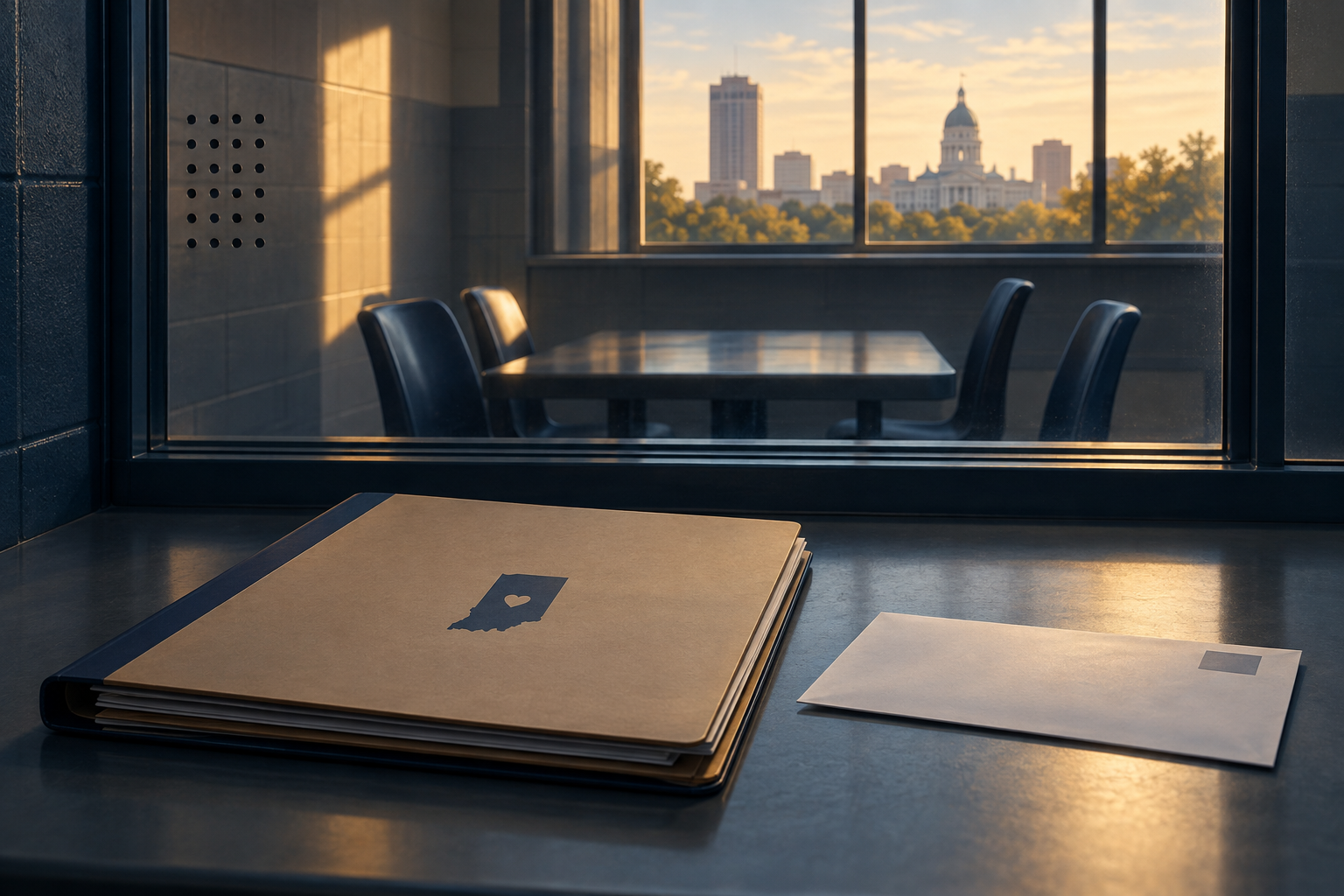 Closed family correspondence folder and notice envelope outside an empty Indiana visiting room.