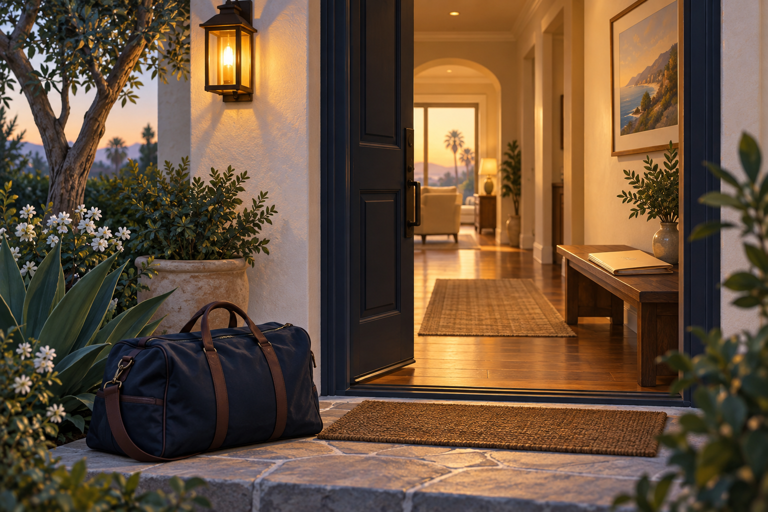 Home threshold and travel bag viewed from a quiet garden path.