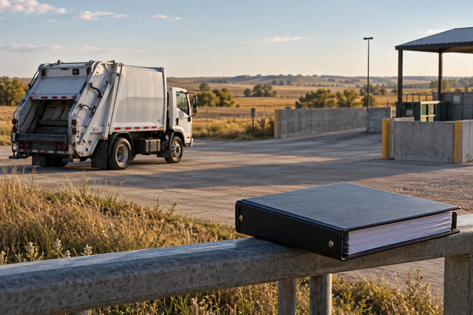 A municipal sanitation truck and service-contract binder at a rural transfer station.