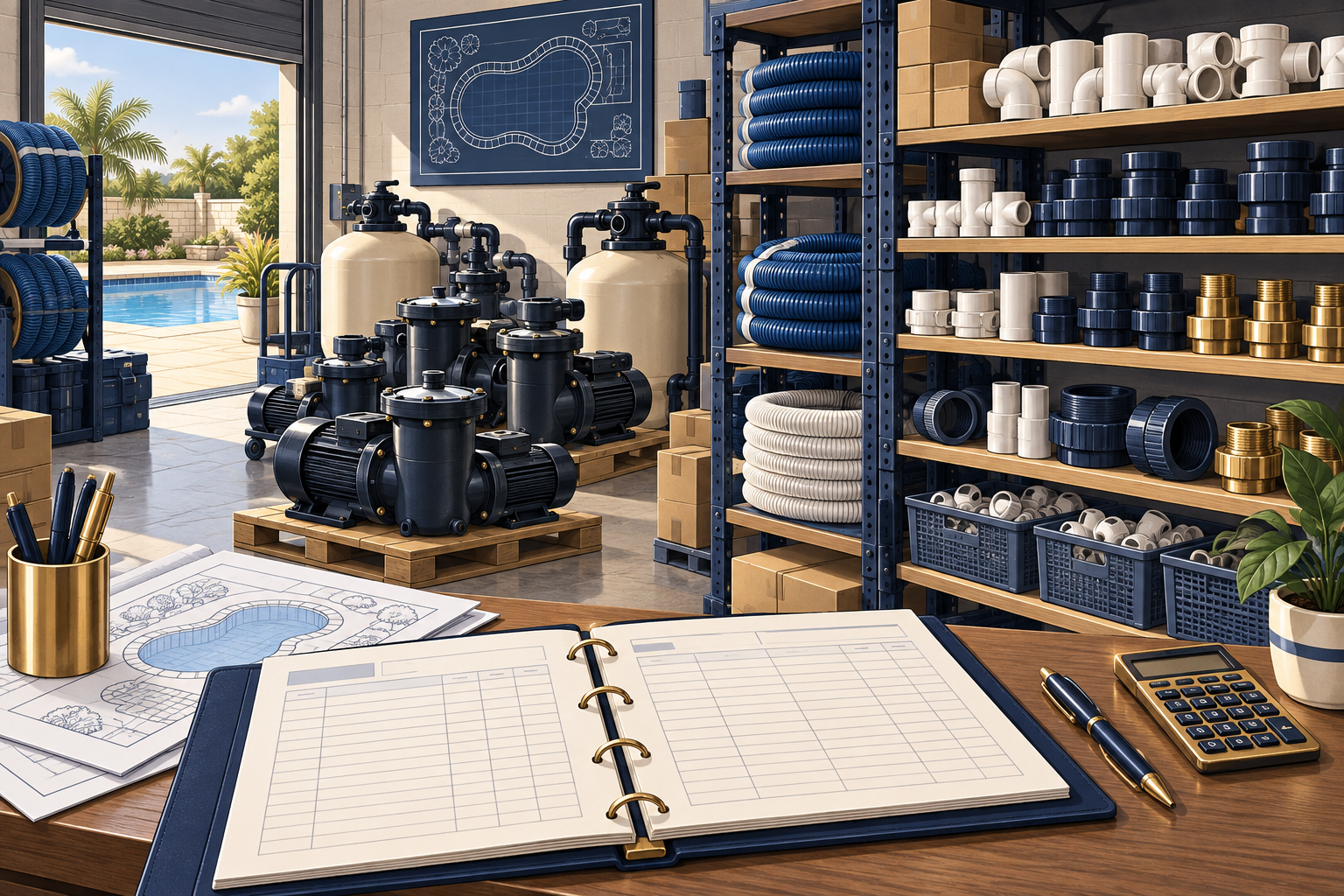 Pool-equipment workshop shown in an editorial cutaway with an inventory ledger.