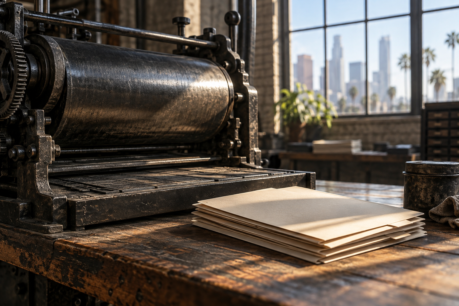 Newspaper press equipment beside shareholder appraisal folders