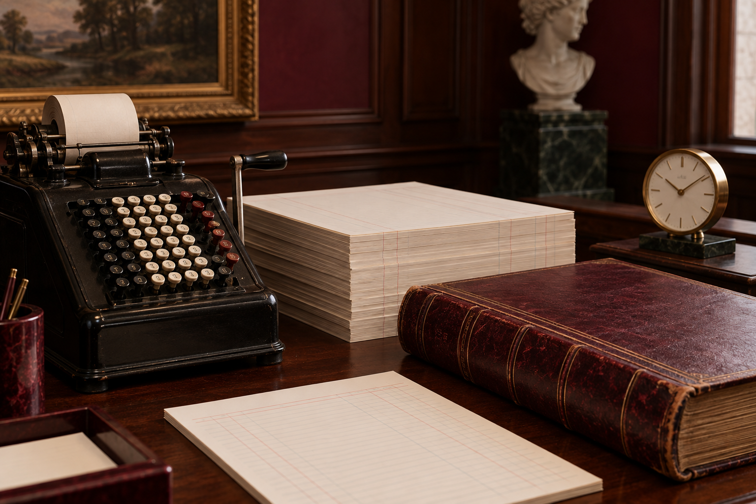 An old adding machine, bound tax ledger, and small clock on a wooden desk