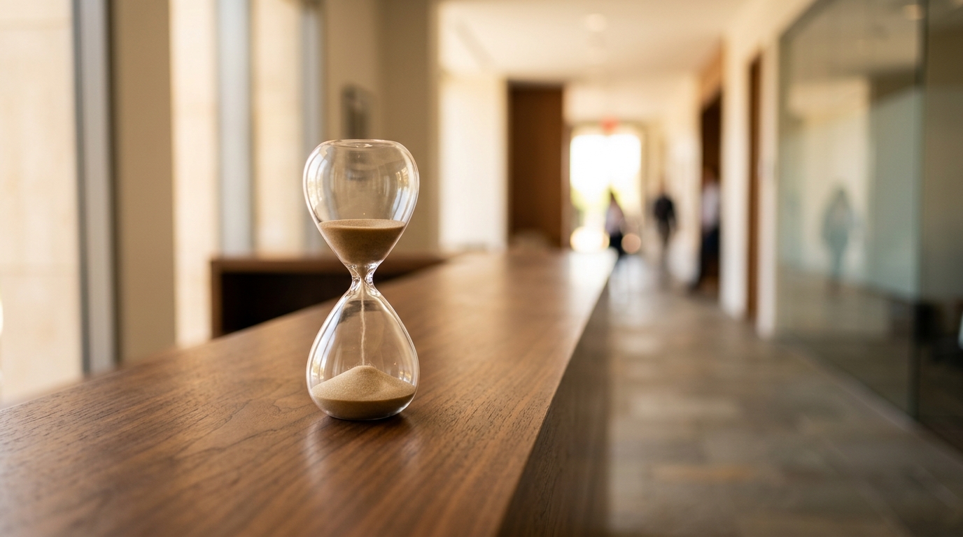 Administrative case file and clock in a quiet California hearing room