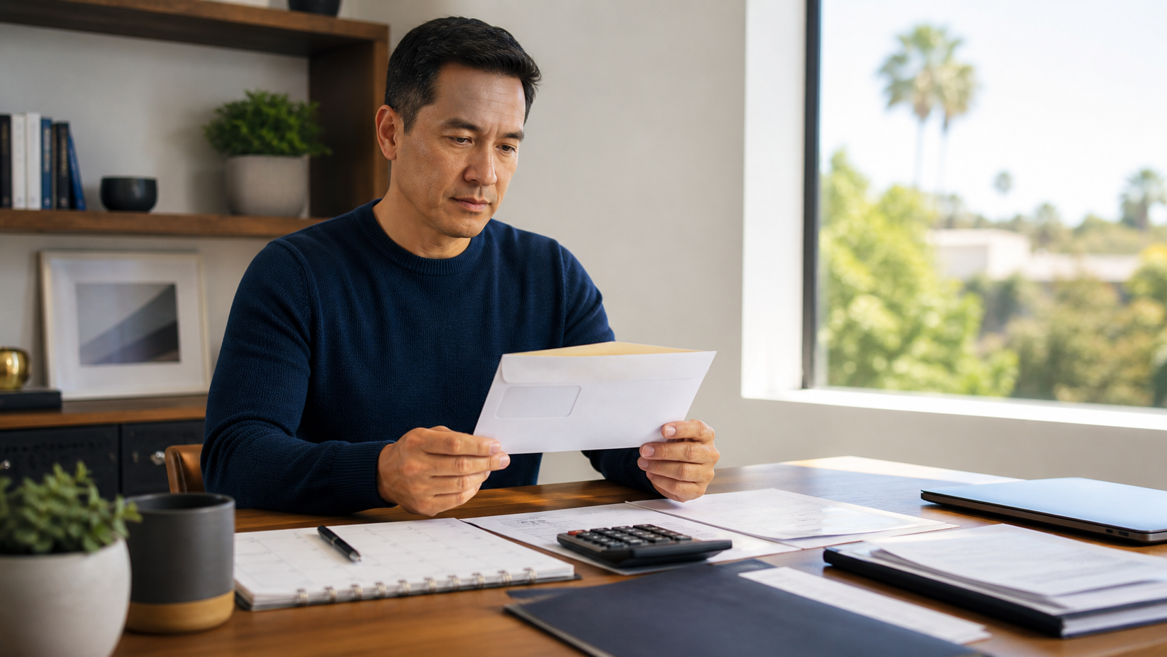 A taxpayer reviews a California tax notice, calendar, and payment records at an organized desk