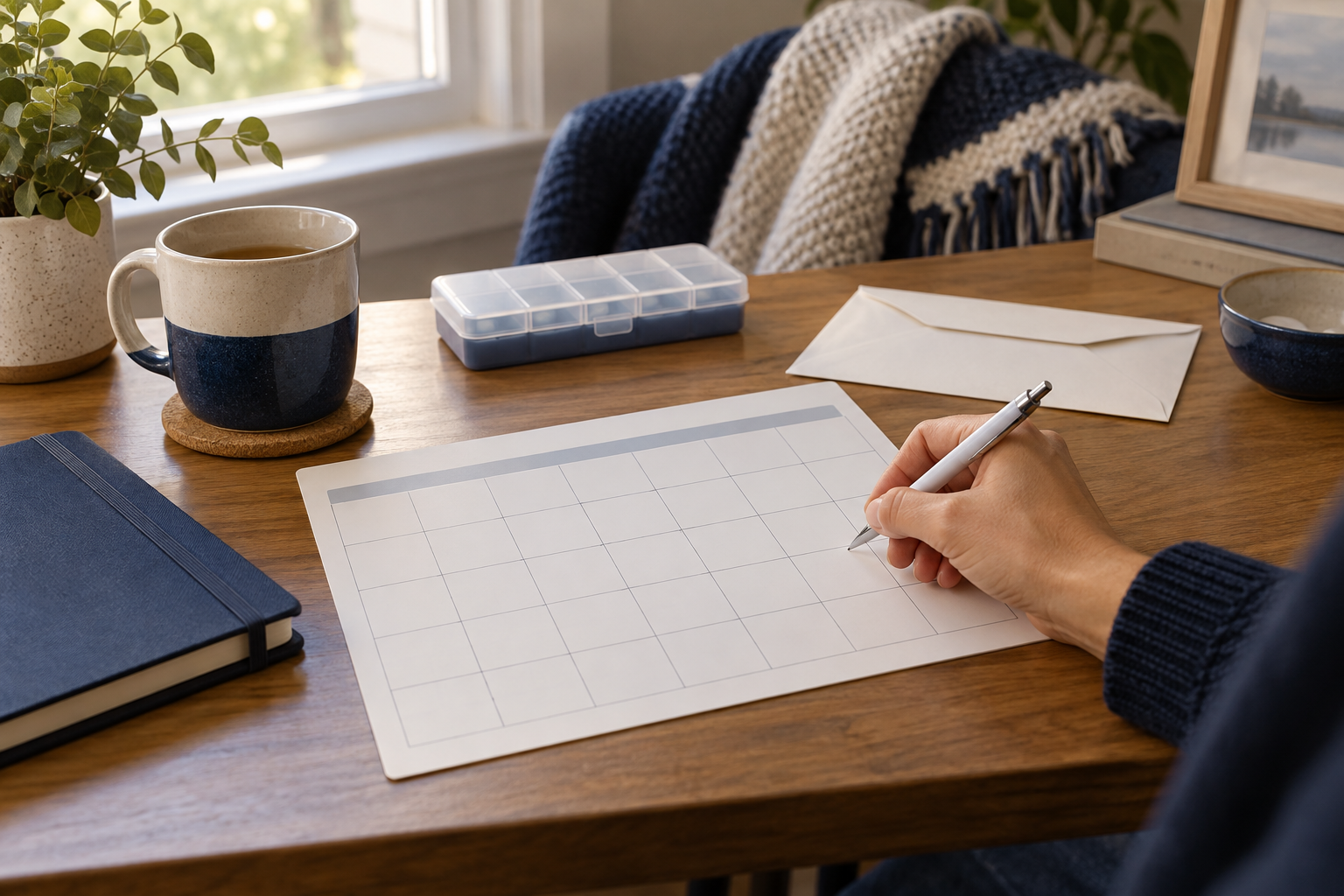 Illustrative medical-leave calendar and employer envelope on a home desk