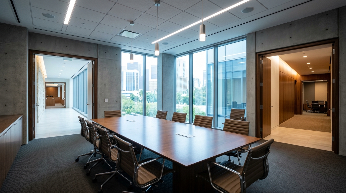 Two diverging corridors beside a conference room prepared for an employment dispute