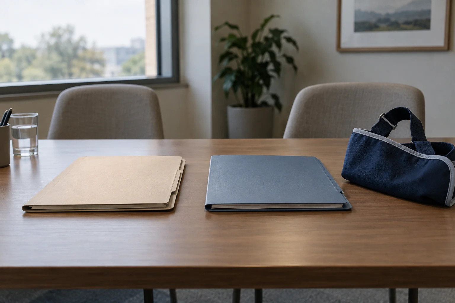 Arm sling beside two medical folders separated on a clinic table