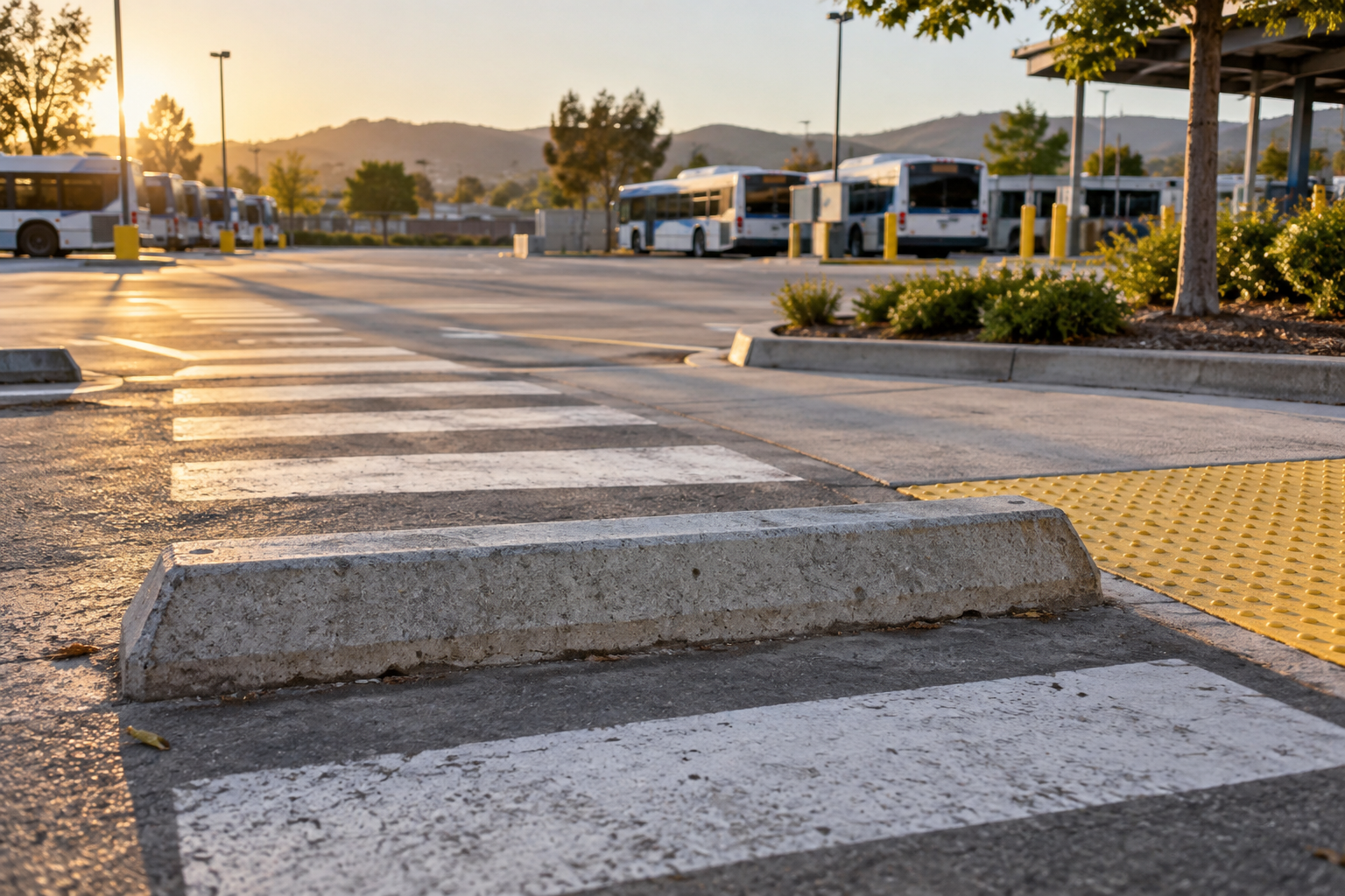 Concrete wheel stop and painted walkway in an illustrative workplace parking area
