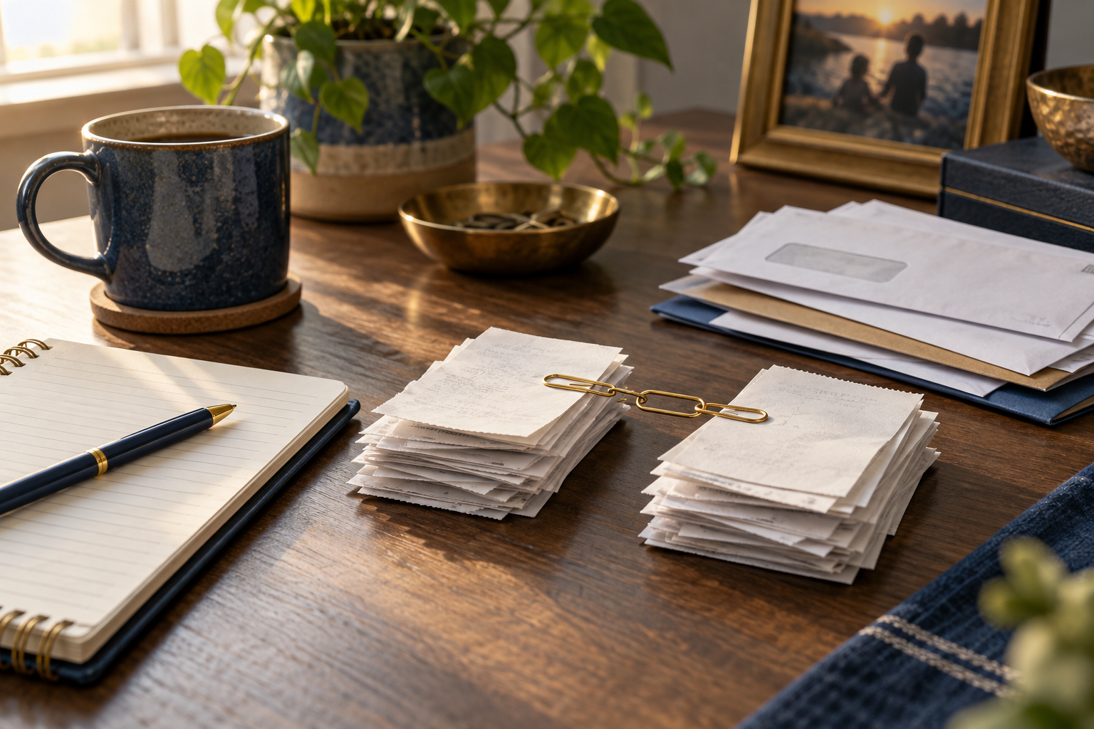 Household budget notebook and separate receipt stacks connected by paper clips