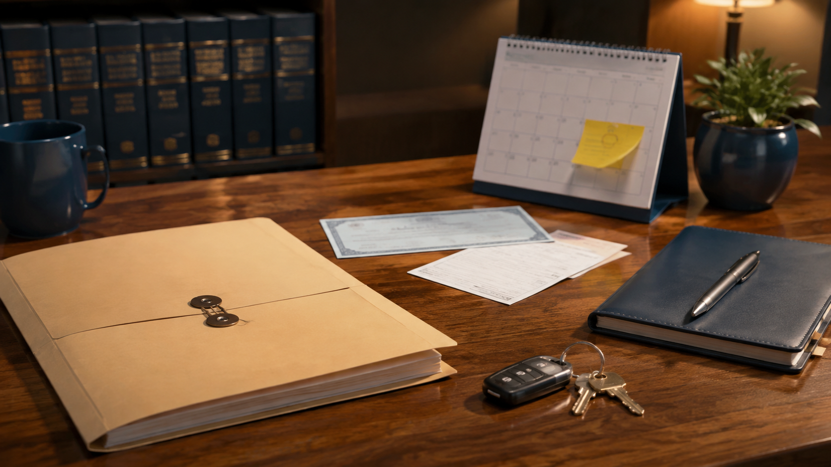 A person reviewing paperwork at a table with a phone and calendar nearby, warm indoor lighting