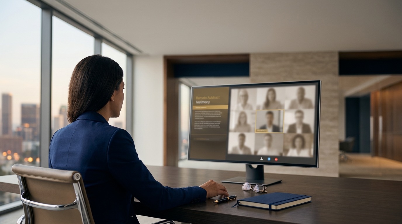 Secure video testimony setup representing an electronic witness appearance before the WCAB