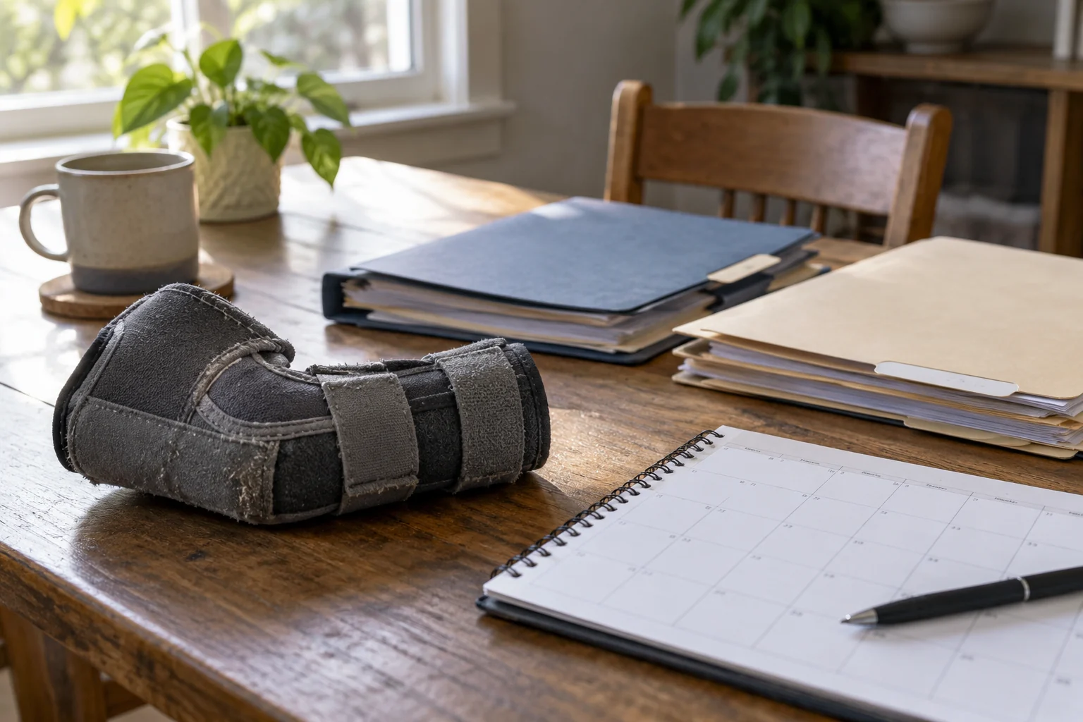 Forearm brace, calendar and separate medical folders on a home table