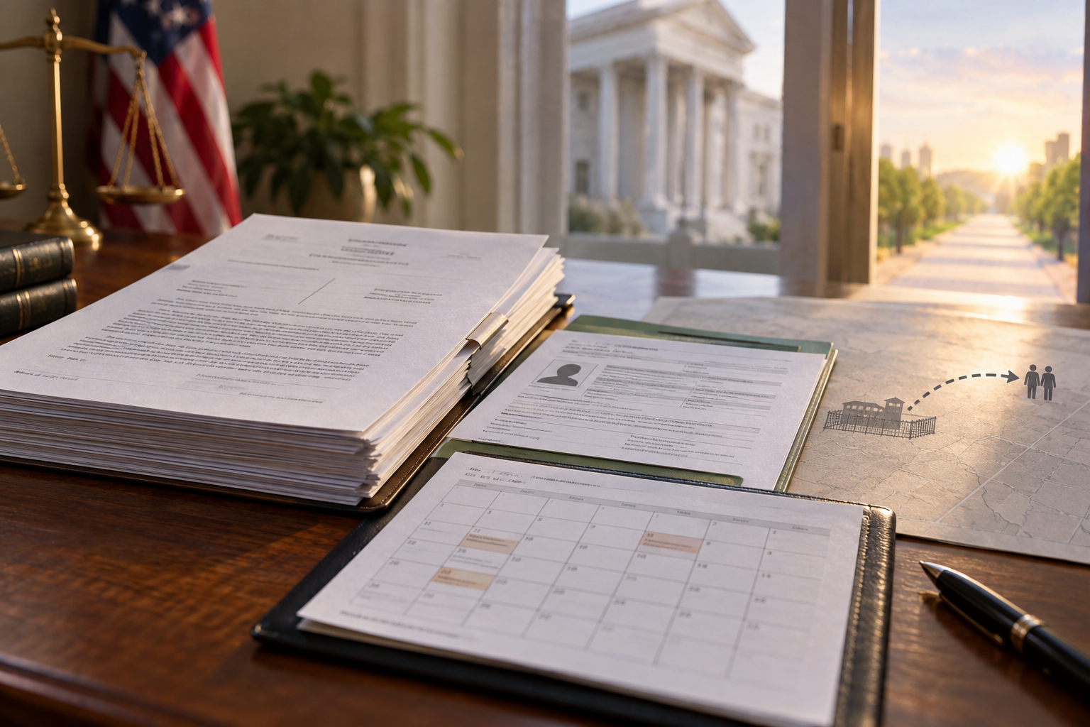 A filed federal habeas order, humanitarian parole papers, notice and hearing calendar, and release documents on a legal desk.