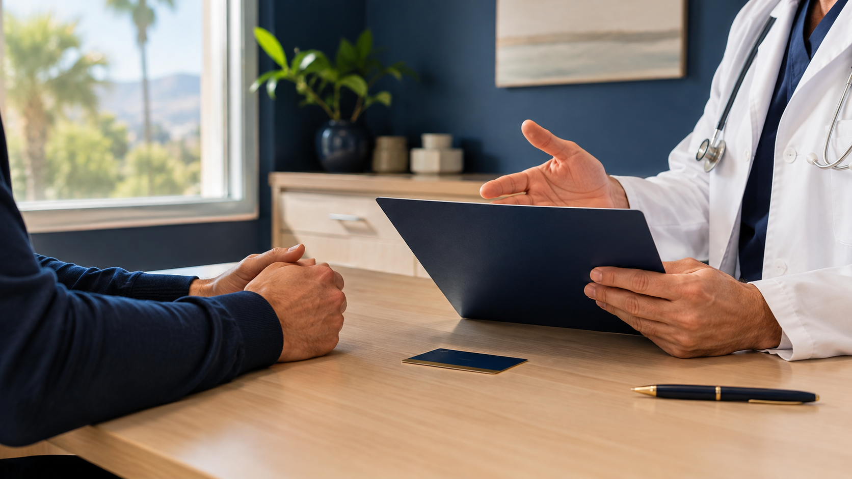 A worker reviewing medical paperwork at a desk with a stethoscope and folder nearby, warm office lighting