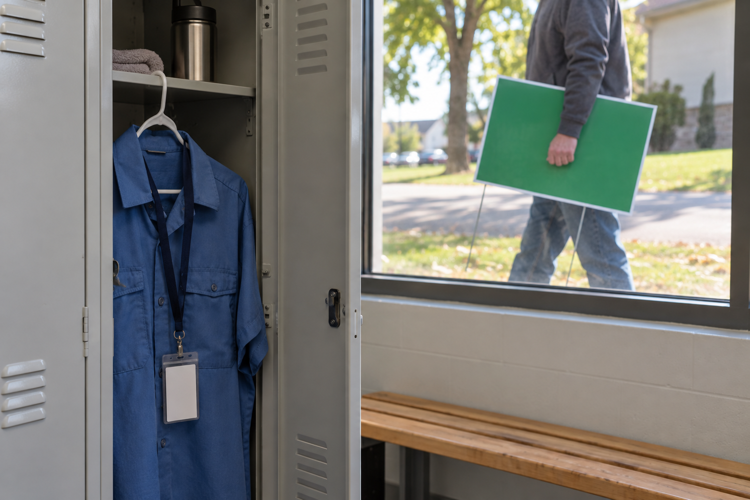 A plain municipal work shirt and lanyard with a blank campaign sign visible through a window