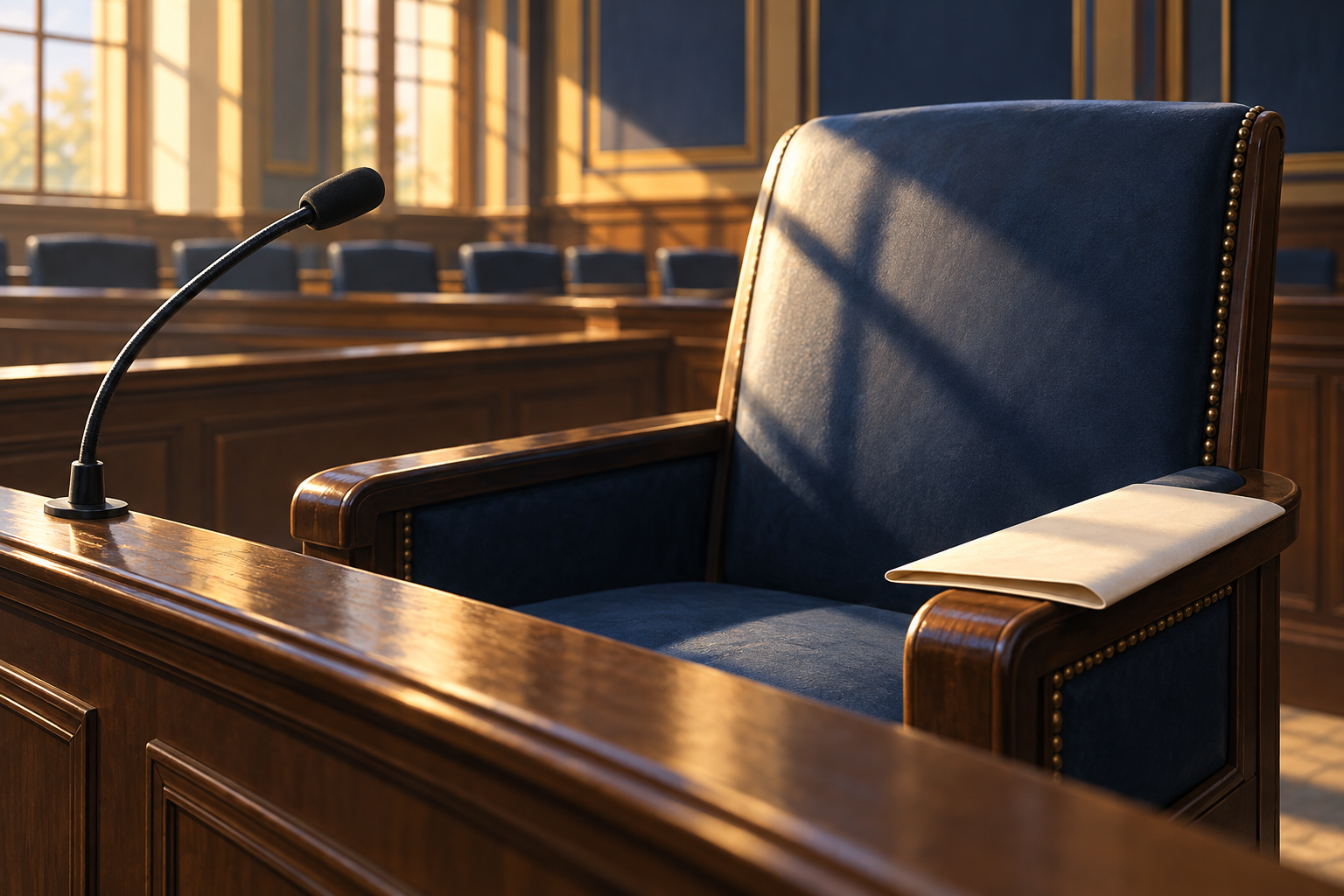 Witness chair, microphone and folded subpoena in a quiet courtroom.