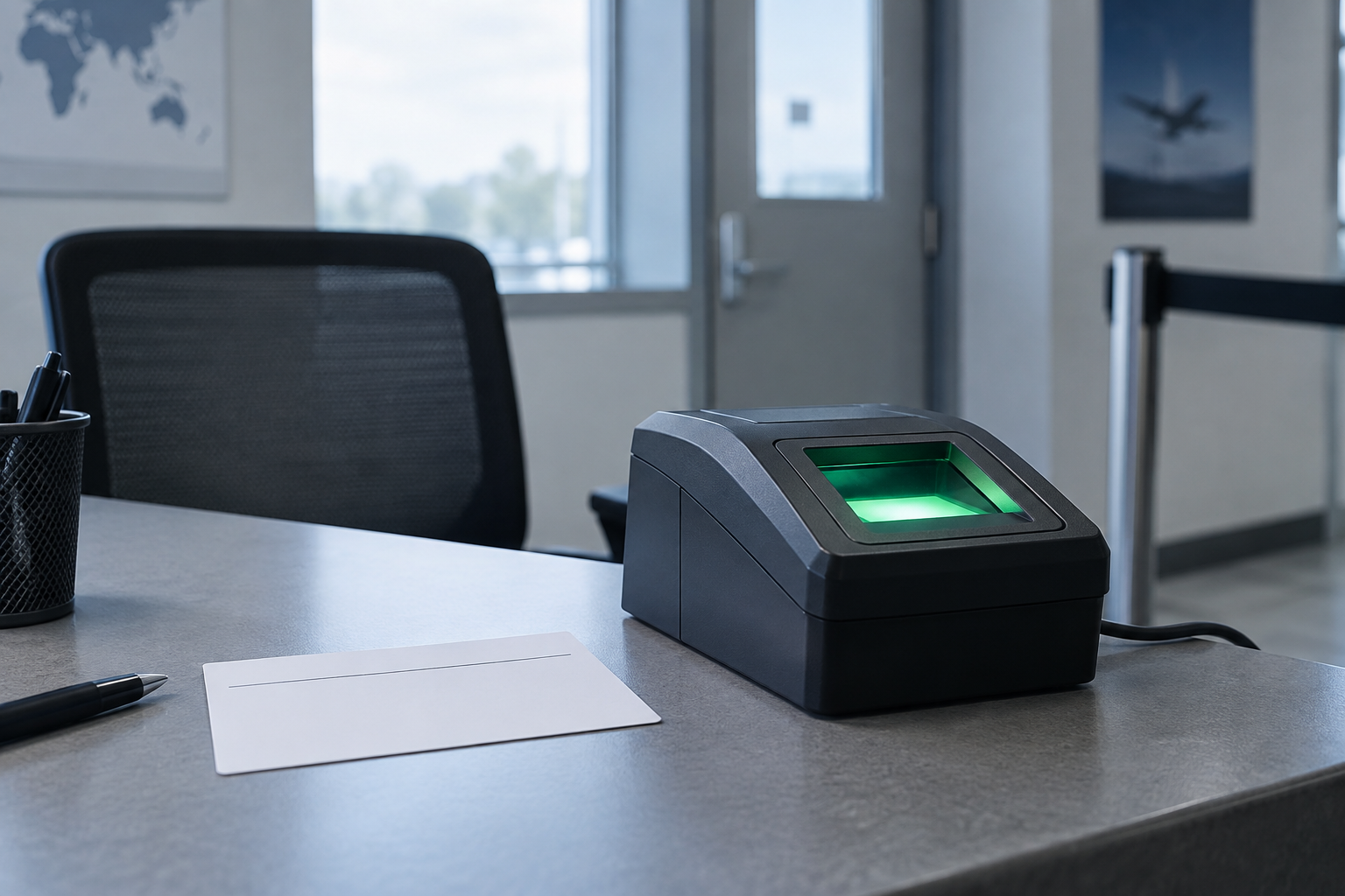 Illustrative fingerprint enrollment desk and appointment card