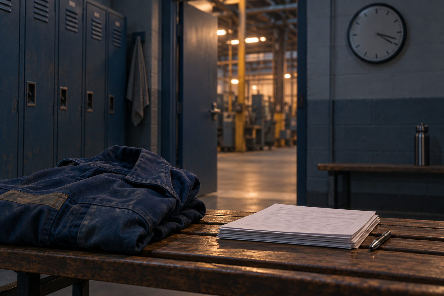 Empty illustrative factory locker area with leave papers and a work jacket