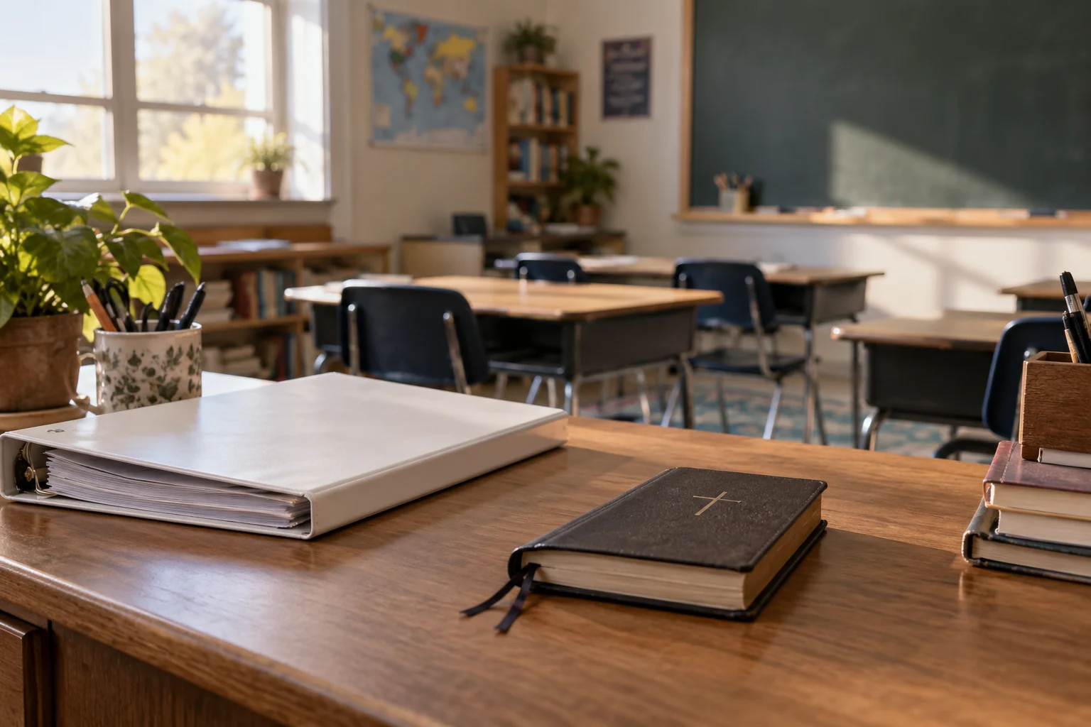 Lesson binder and book on a desk in an empty classroom