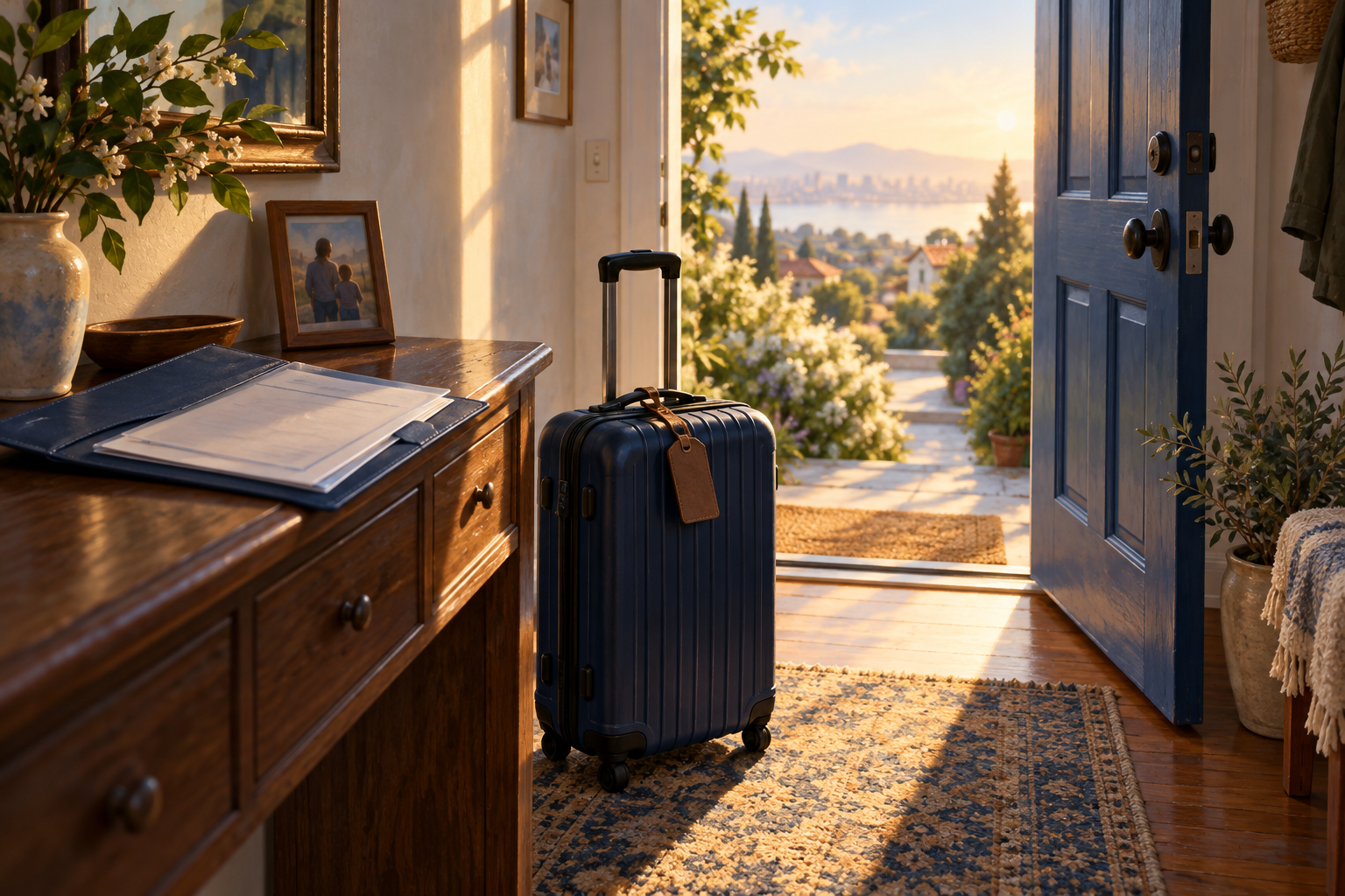 Travel bag and immigration-document sleeve beside an open home doorway.