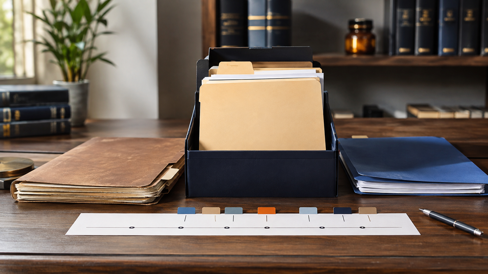 A worker reviewing medical records and paperwork at a desk with a calendar showing a five-year timeline on the wall